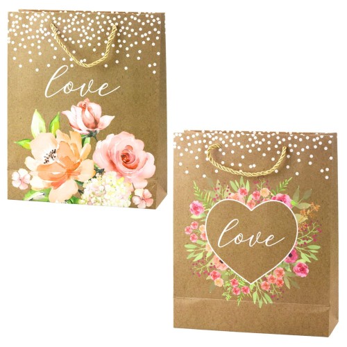 Torba Prezentowa Napis Love Kwiaty Brokat 32 x 26 x 10 cm