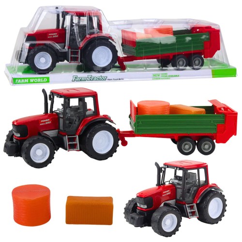 Traktor Rolniczy Farmerski Z Zieloną Przyczepą i Sianem Czerwony 62cm